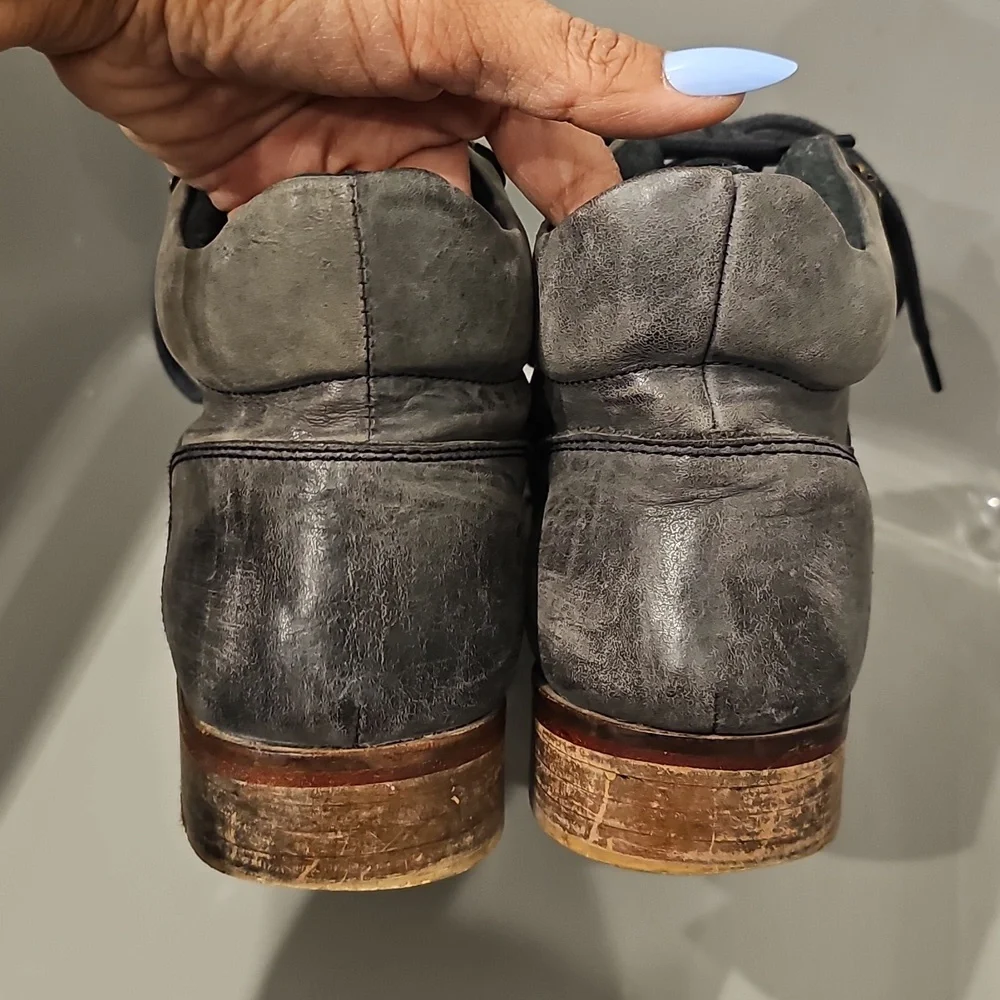 FREE PEOPLE Distressed Gray Leather Lace-Up Ankle Booties